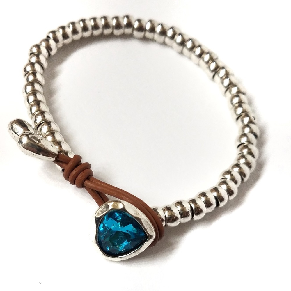 Leather Wrap Blue Glass  Silver Bead Bracelet